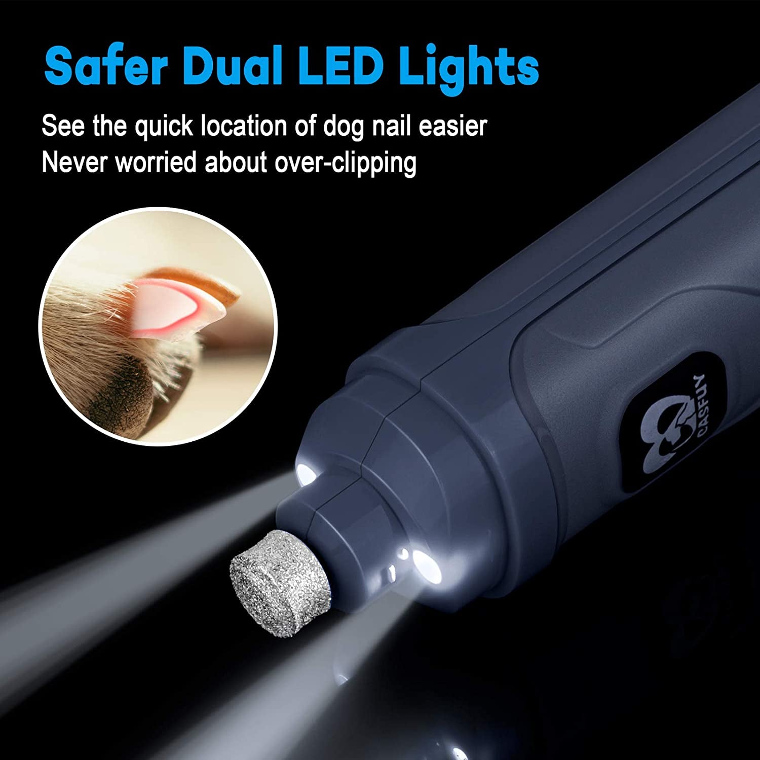 **Professional e-commerce title:**  **2-Speed Electric Dog Nail Grinder with Dual LED Lights – Quiet, Powerful Pet Nail Trimmer for Safe, Painless Grooming of Small, Medium & Large Dogs and Cats 